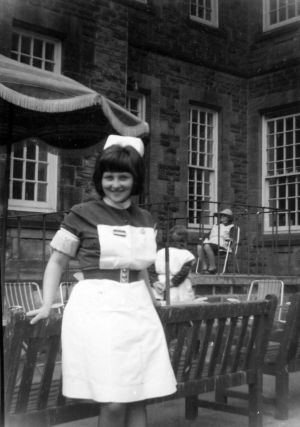 Carol Badham in Nurses Uniform Outside Whernside in 1968